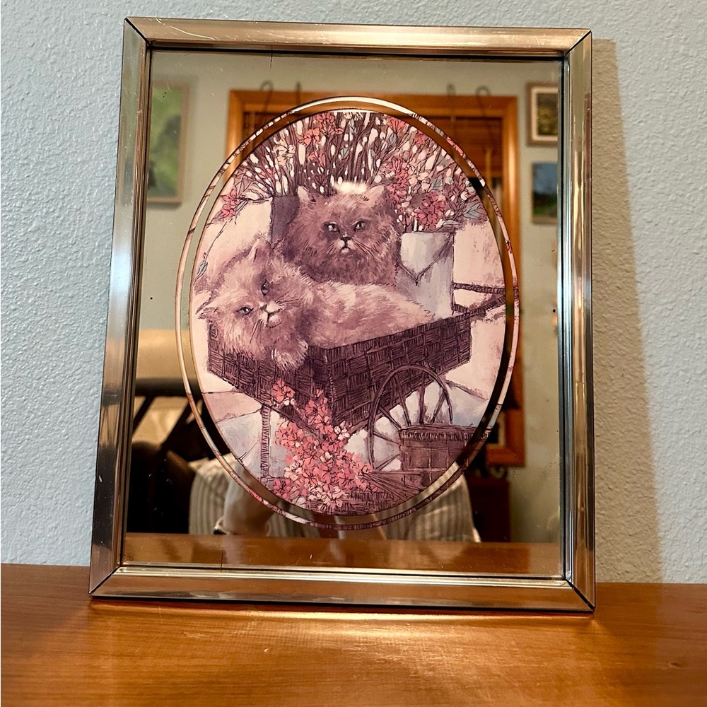 Vintage Framed Cat Art with Mirrored Frame